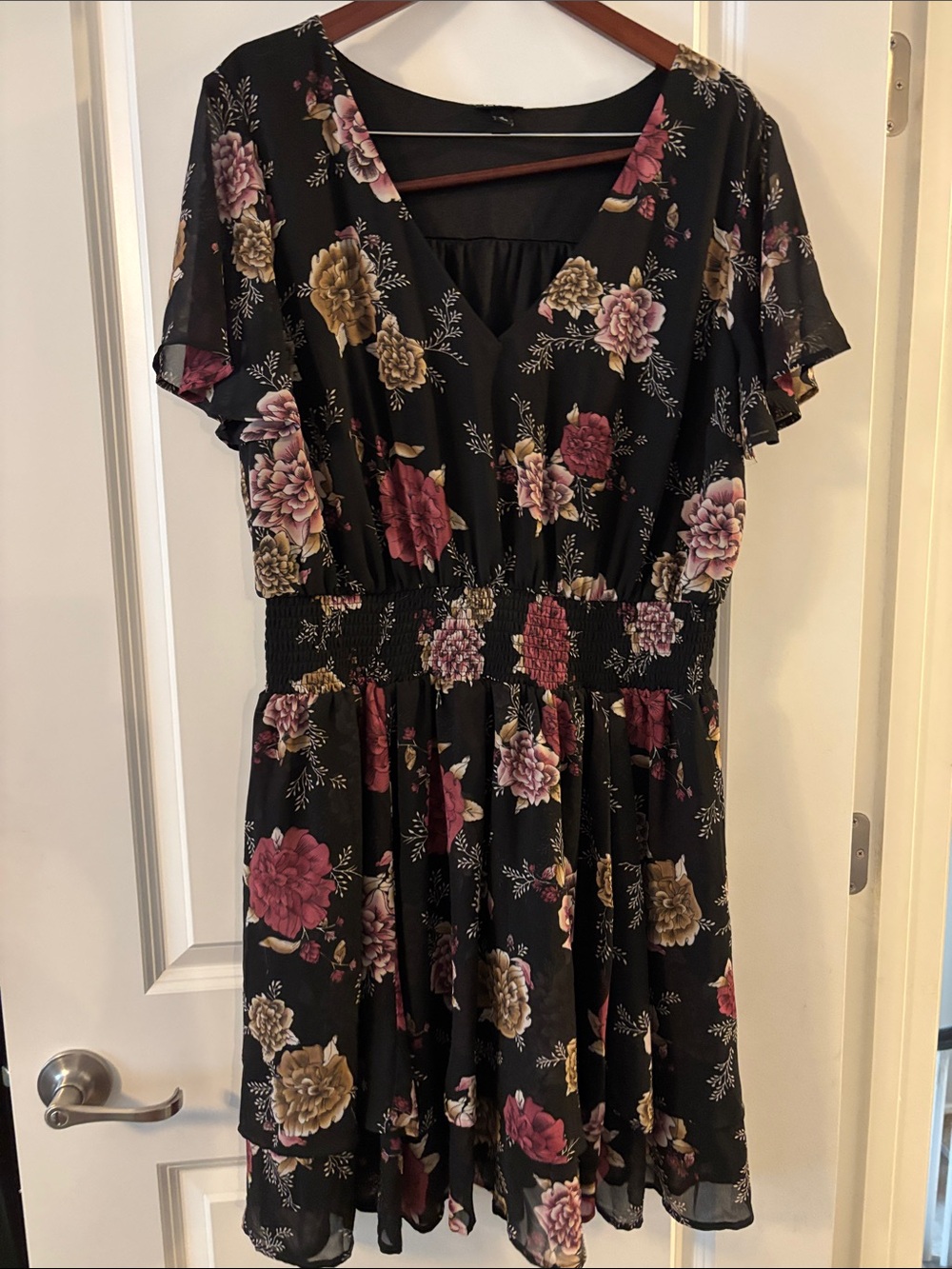 torrid Black Floral V-Neck Smocked-Waist Mini Dress